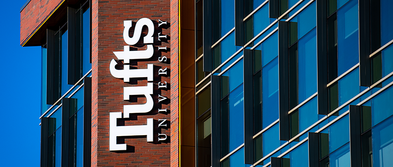 Exterior of Tufts University sign at Joyce Cummings Center