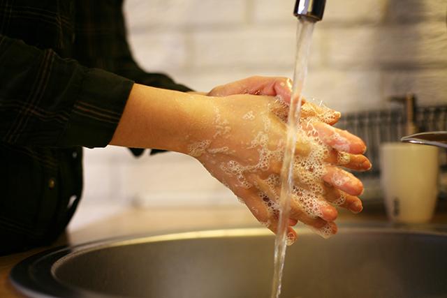 A pair of hands washing in a sink.