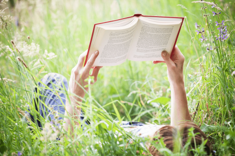 A person lying in a meadow reading a book. Summer Book Recommendations 2023: Find new ideas for what to read as the Tufts community shares their favorite works of fiction and nonfiction—recent releases, hidden gems, and would-be classics