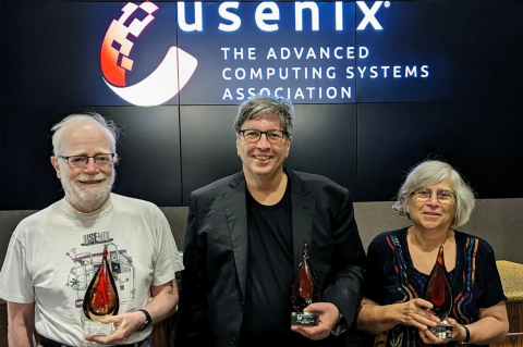 Susan Landau, right, with Steven M. Bellovin and Matt Blaze at the awards ceremony. Photo: Courtesy of USENIX