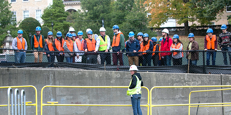Engineering students standing over engineering site