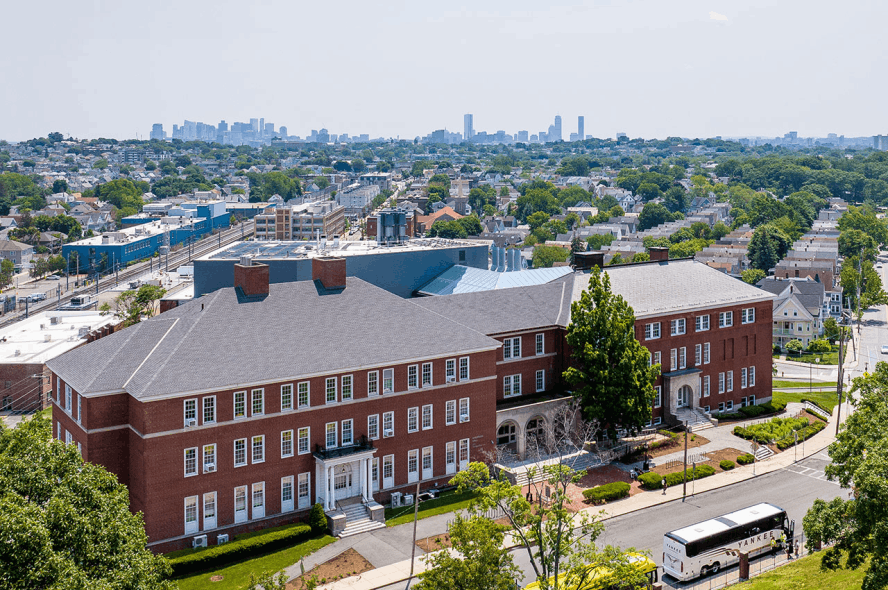 The Tsungming Tu Complex with the skyline of Boston in the distance.
