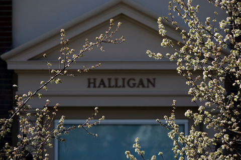Exterior of Halligan Hall during the spring
