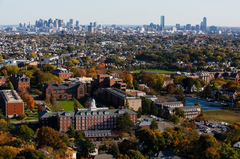 Somerville/Medford campus with the skyline of Boston in the background