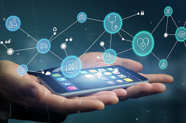 Hands holding a mobile phone with futuristic medical icons illustrated over the phone