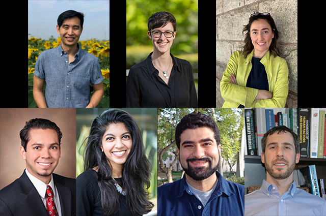 A collage of headshots of new faculty members in the School of Engineering in 2022. Top row from left: Johes Bater, Briana Bouchard, Antonella Di Lillo. Bottom row: Juan Gnecco, Nisha Iyer, Saeed Mehraban, David Miller.