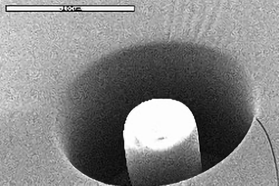S-E-M image 30 micron diameter, 100 micron tall P-D-M-S post-in-well