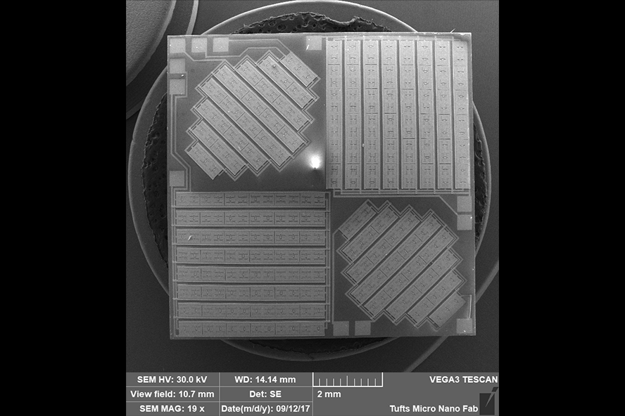 SEM image of the MEMS shear sensor chip with all four quadrant sensors visible. This is a nickel-on-glass microsystem.