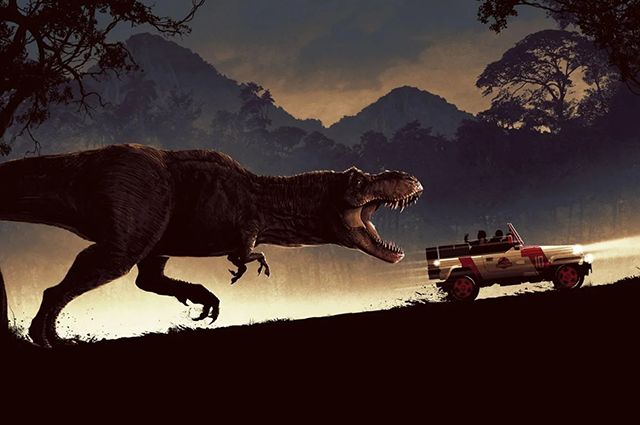 An image from Jurassic Park in which a T-rex is chasing a car. 