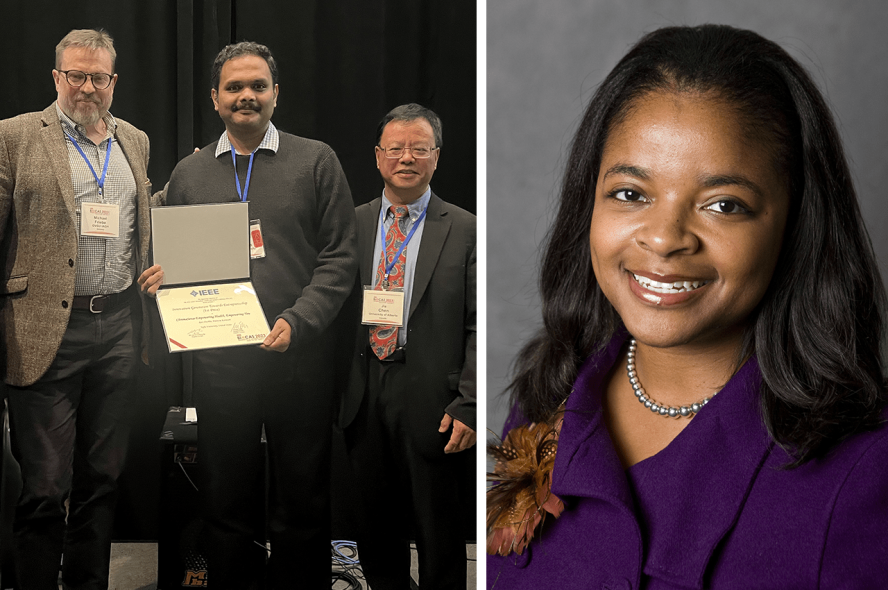 Composite image of two photos. Left photo: Ravi Durbha holds award, standing between two men. Right photo: Valencia Koomson headshot