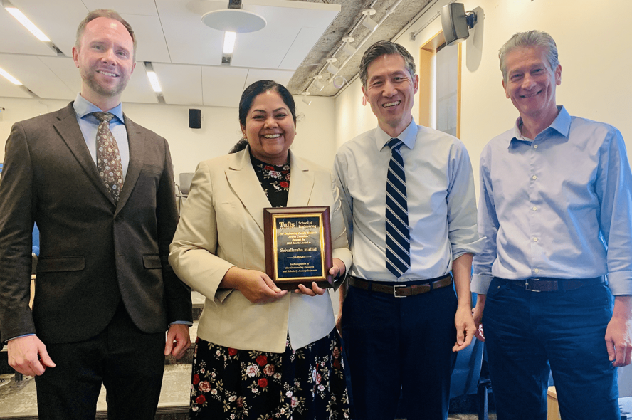 From left to right: Professor and Dean of Research Matt Panzer, Assistant Professor Srivalleesha Mallidi, Dean of the School of Engineering Kyongbum Lee, and Interim Chair of the Department of Biomedical Engineering Sergio Fantini.