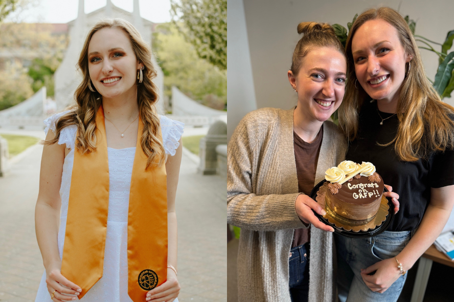 A collage of two pictures: (left) a portrait of Reagan Bushok, (right) Bushok posed Nicole Teaney holding a cake that reads "Congrats on GRFP")