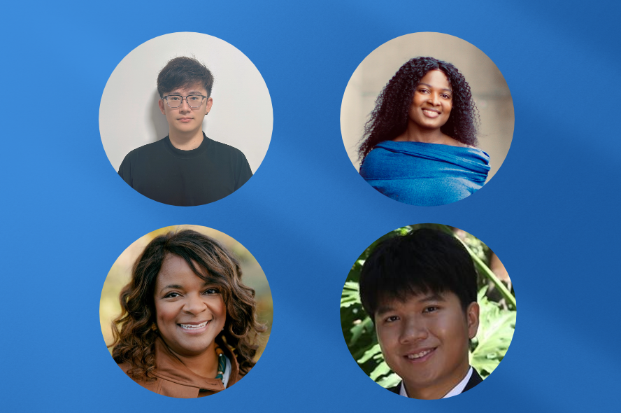 Four headshots against a blue gradient background. Top row left to right: Sinuo Fan and Blessing Kolawole. Bottom row left to right: Valencia Koomson and Yingjie Lao. 
