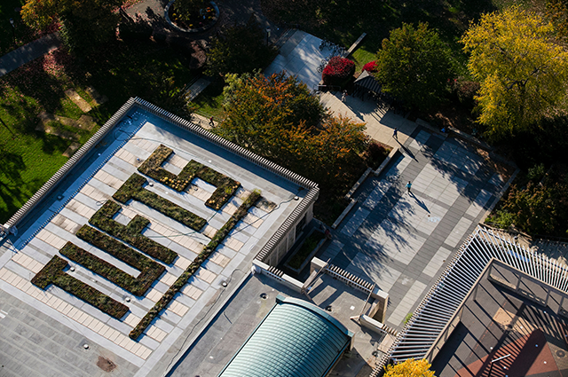 Aerial view of the roof of Tisch Library at Tufts University