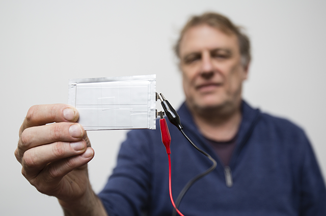 Professor of the Practice Michael Zimmerman displays his new battery technology