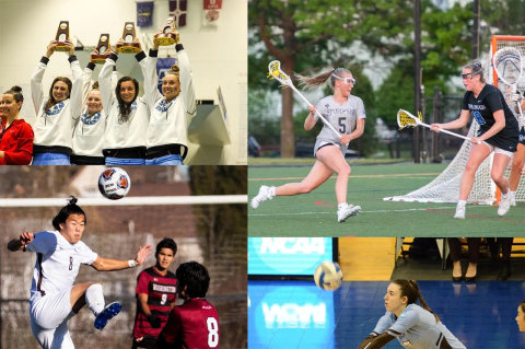 Collage for four photos of Tufts athletes. Tufts had the most successful NCAA Division III athletics program in 2021-2022, winning the Learfield Directors’ Cup for the first time