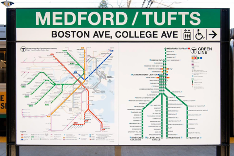 MBTA sign at the Medford/Tufts Green Line station