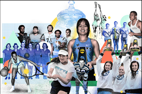 Collage of Tufts athletes over the years from various sports including tennis, basketball, lacrosse, and others. Photo Illustration: Josue Evilla.