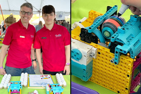 Left to right: Research Associate Professor Ethan Danahy and undergraduate student Paul Galvan at the White House Egg Roll, a close up of the Tufts designed and built egg-decorating robot in action.  