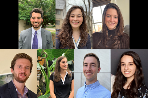Top row from left to right: Thomas Coons, Emily Dewolf, and Jenna Fromer. Bottom row from left to right: Harris Hardiman-Mostow, Hannah Magoon, Elijah Martin, Haneen Abderrazzaq. Not pictured: Derek Egolf.