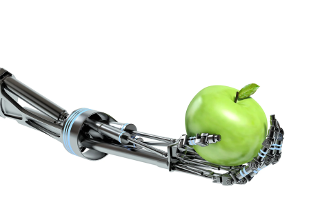 a robot arm holding an apple