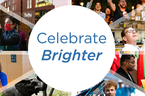 Text that says Celebrate Brighter, over a background of photos from across the university