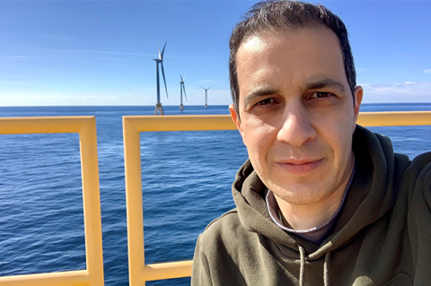 Professor Babak Moaveni at the Block Island Wind Farm.