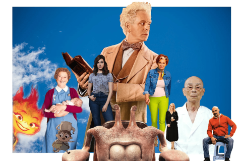 Against a blue sky, characters including a fire being, fleshy colored alien, woman in blue dress and red cardigan with baby, blonde man in suit and bow tie holding a book, and bald man in white coat.