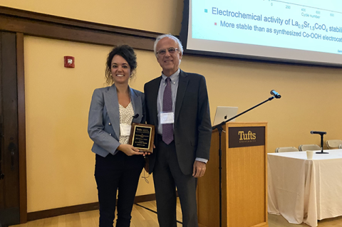 MIT’s Willard Henry Dow Professor in Chemical Engineering Gregory Stephanopoulos (right) presents the inaugural Maria Flytzani-Stephanopoulos Award for Creativity in Catalysis to Professor Eranda Nikolla of the University of Michigan (left).
