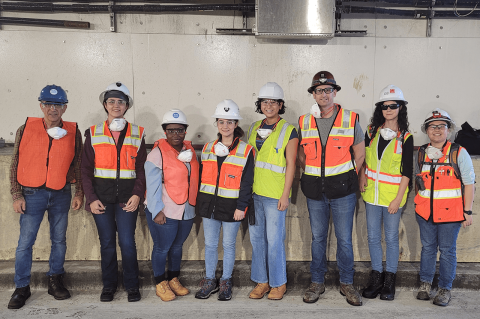 Professor Masoud Sanayei and Tufts students visiting the Sumner Tunnel Project with Tufts alum Daniel Ebin.