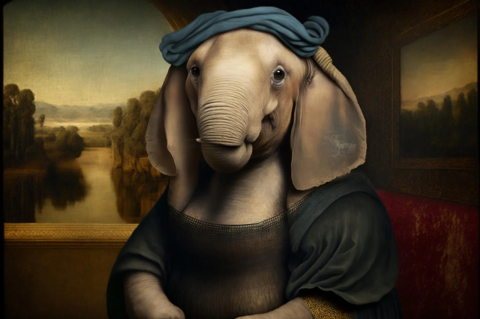 Guided by a human prompt, an AI algorithm produced this digital painting of Jumbo the elephant in the style of Leonardo da Vinci.