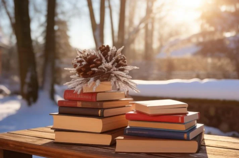 A stack of books with snow and trees in the background.