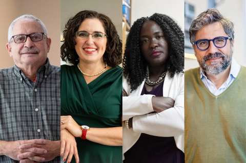 Among the many Tufts faculty members engaged in the university’s innovation ecosystem are those pictured above: (left to right) Stern Professor David Kaplan; Ayse Asatekin, associate professor, Chemical and Biological Engineering; Okoro Professor Ndidiamaka Amutah-Onukagha; and Doble Professor Fio Omenetto.