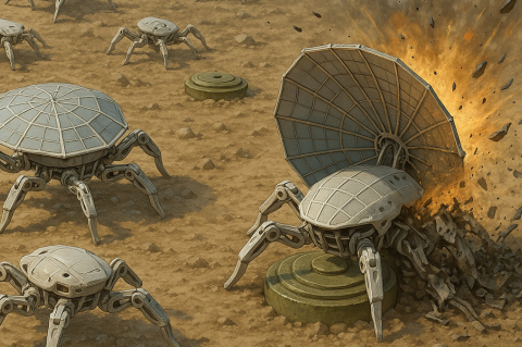 An illustration of small, disc-shaped, crab-like robots, including one covering over an exploding landmine.