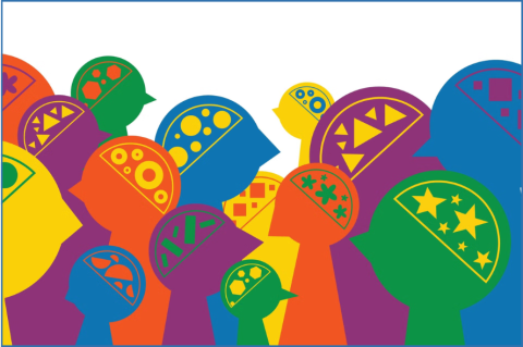 Cartoon profiles of yellow, blue, purple, green, and orange people with different shapes in filling each of their heads. Image: Shutterstock.