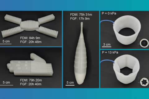 Left top: Four-legged soft robot with inflatable legs and an inflatable center body. Left bottom: 3D-printed soft robotic hand with five fingers. Center: 3D-printed soft robotic fish. Right: 3D-printed pressure cuff, a customized medical device with a thin inner wall and thicker outer wall.