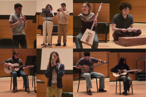Collage of students playing self-made musical instruments. Photos by Janel Blood.