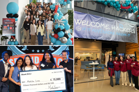 Top left: Participants in the SharkNinja Jailbreak EDU hackathon. Bottom left: The matcha luxe team holds their second-place check for $15,000. The SharkNinja CEO is on the right. Right: A small group of SharkNinja Jailbreak EDU participants standing under a sign that says "Welcome Hackers"