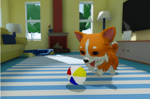 A corgi plays in virtual pet simulator RoVR