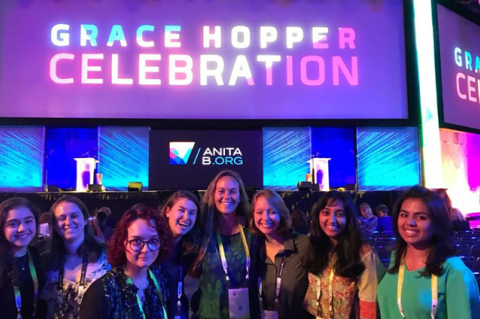 Tufts students in a group photo at the Grace Hopper Celebration.