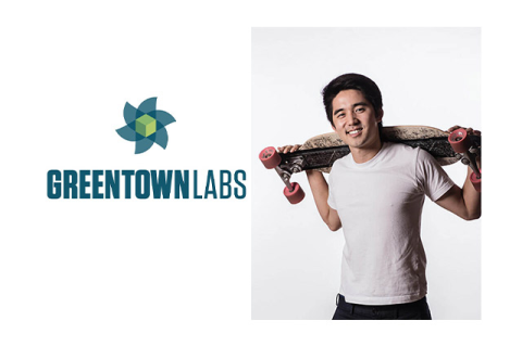 Benny Kim shown next to Greentown Labs logo