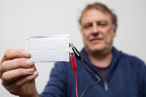 Mike Zimmerman displays his work on the first polymer-based solid state battery
