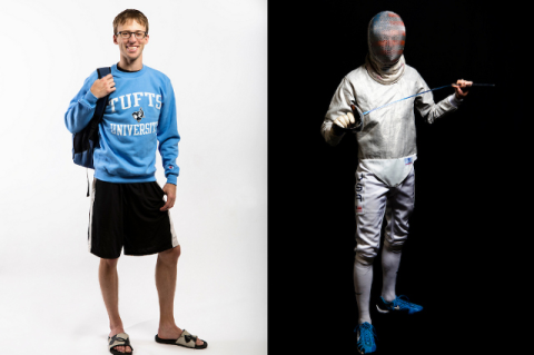 Two photos of the same person side by side, one in fencing gear and one in regular clothes