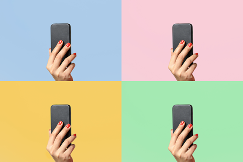 Hand holding up cell phone, in four different images arranged in a square