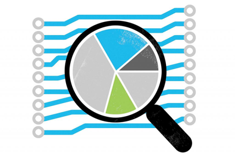 Illustration of a magnifying glass looking at line graphs. The magnifying glass shows a pie chart inside of its circle.