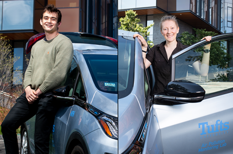Tyler Tatro and Ida Weiss next to the Tufts Air Pollution Lab car