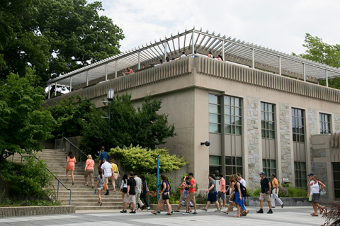 Student tour outside Tisch Library