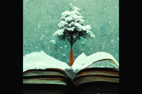 Illustration of a snow-covered tree and an open book