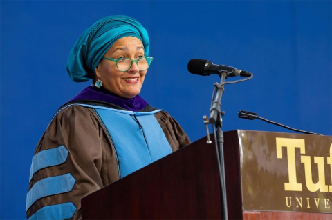 Amina J. Mohammed, deputy secretary-general of the United Nations and chair of the U.N. Sustainable Development Group, addresses the Class of 2023. Photo: Alonso Nichols