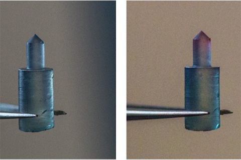 A silk fibroin pin changes color from blue to red